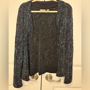 Chico’s Travelers Open Front Patterned Cardigan Black Blue Stretch Size 0 artzy